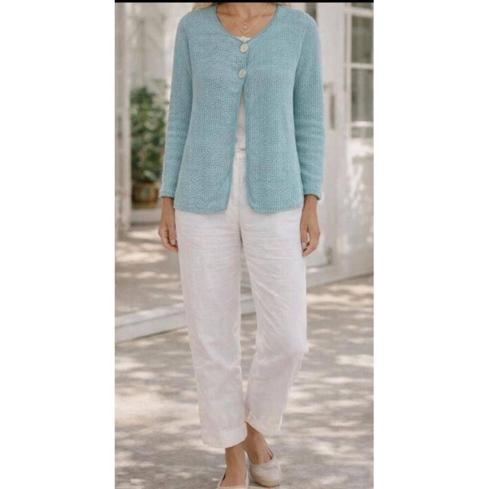 Flora Knit Cardigan Sweater Womens Size Medium Aqua New England Grandma Coastal